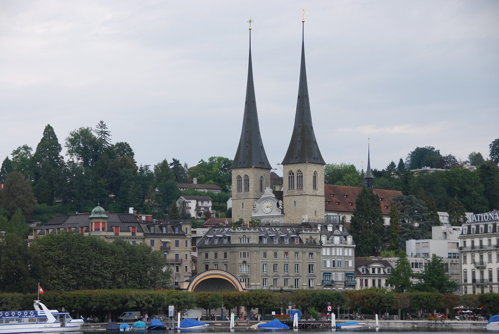 The West Towers of the Lucerne Hofkirche overlook the Lucerne Flickr Lake.
