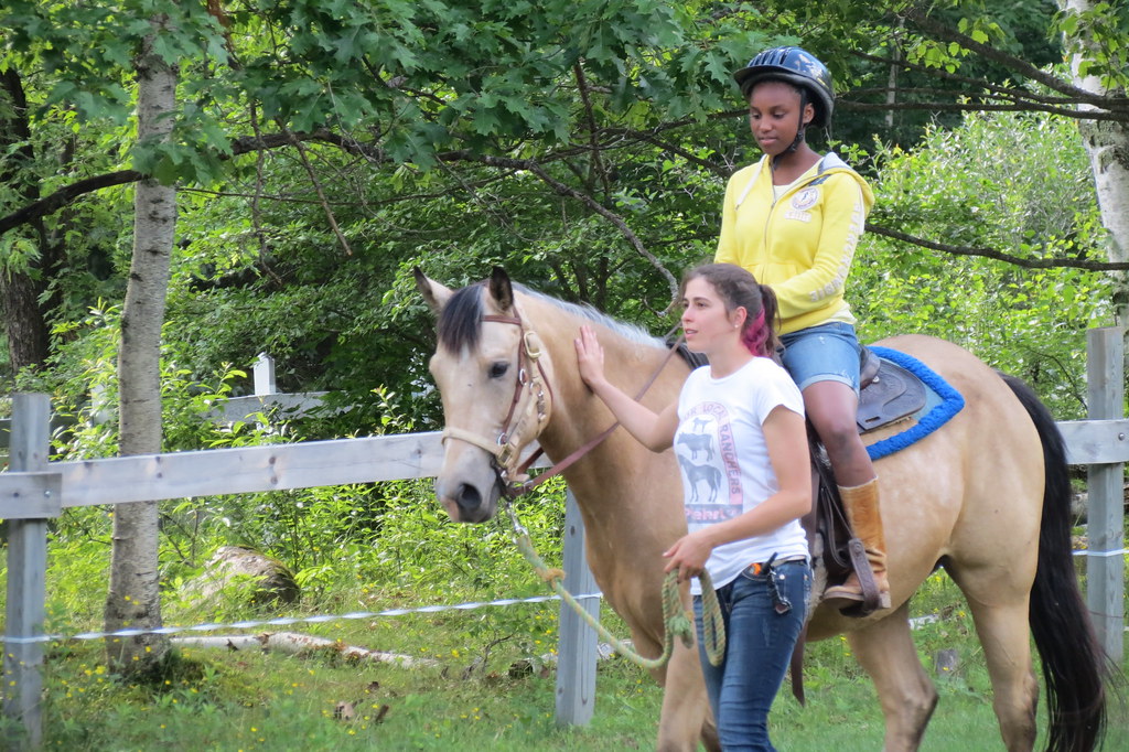 A counselor leading a horse and rider at WeHaKee Camp for … Flickr
