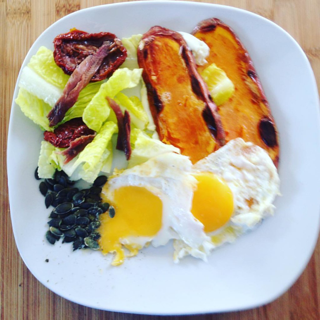 Low carb day. Sweet pots, eggs, salad, anchovies and sun b… Flickr