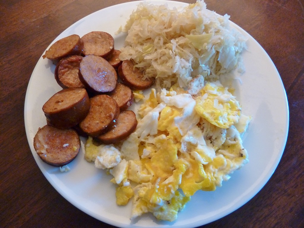 Whole30, Day 4 Scrambled eggs, sausage, sauerkraut natural… Flickr