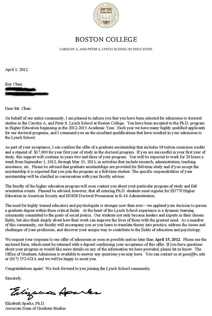 Boston College PhD Acceptance Letter Roy Y. Chan Flickr