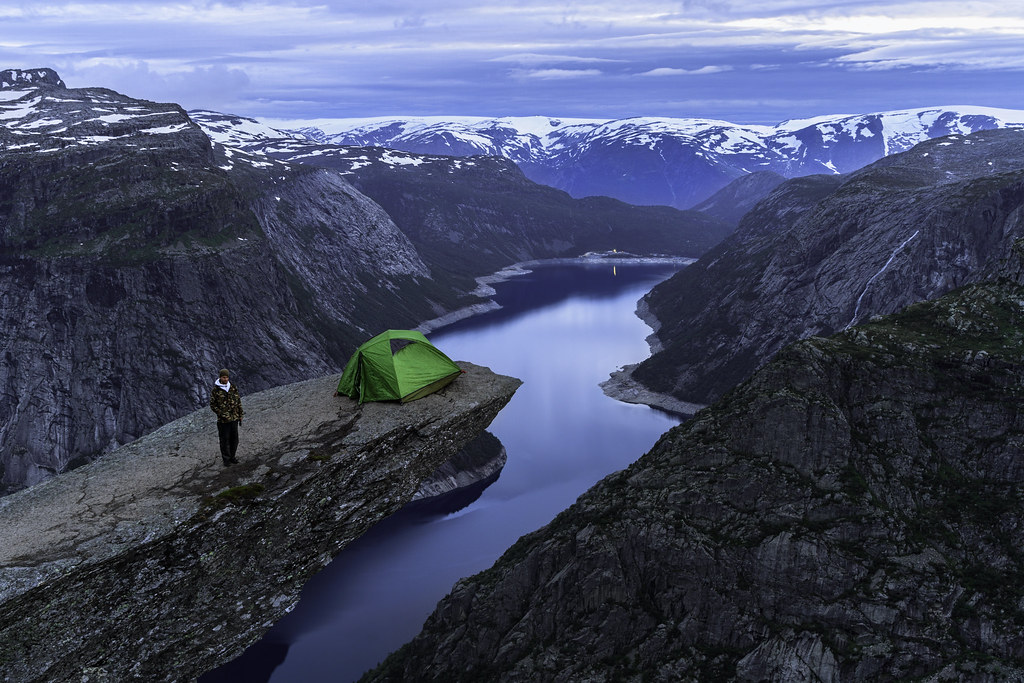 Trolltunga camping. During hike to Trolltunga near Odda