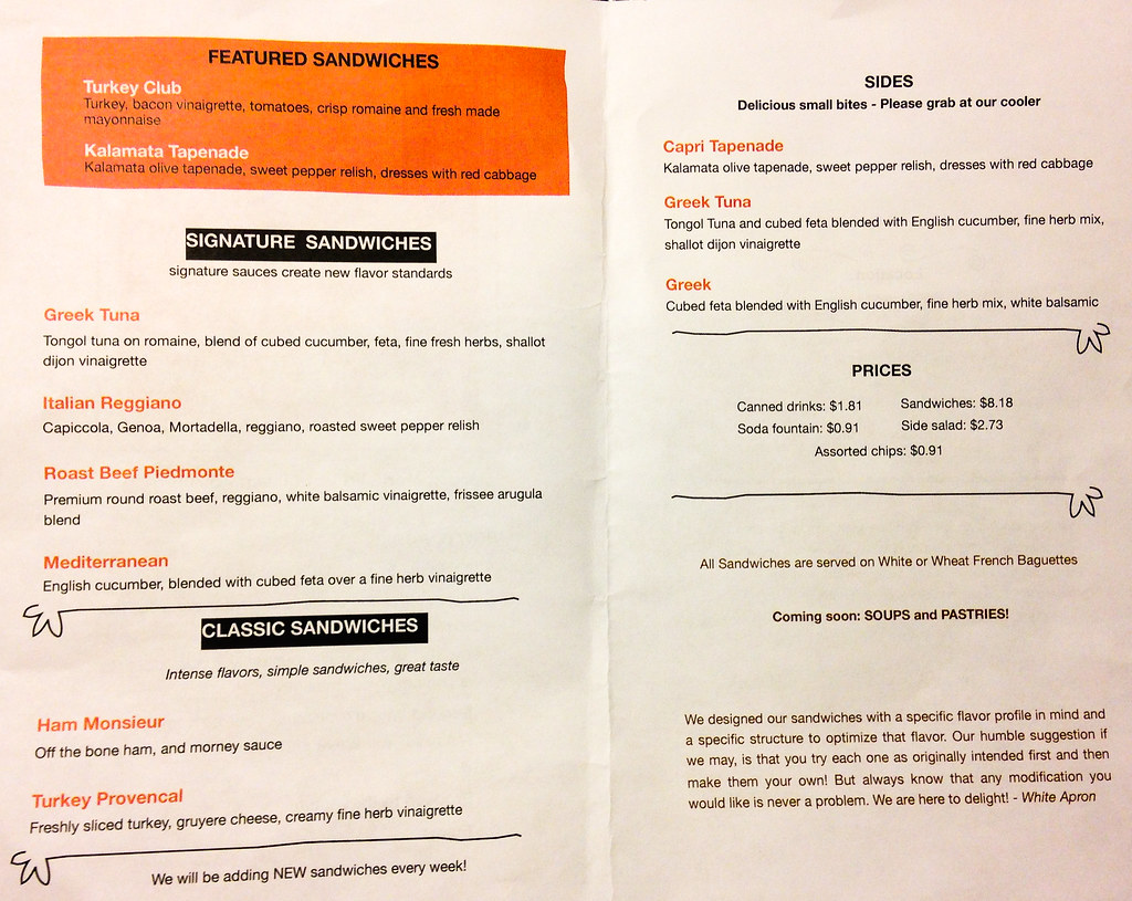 White Apron Menu Menu for White Apron Specialty Sandwiches… Flickr