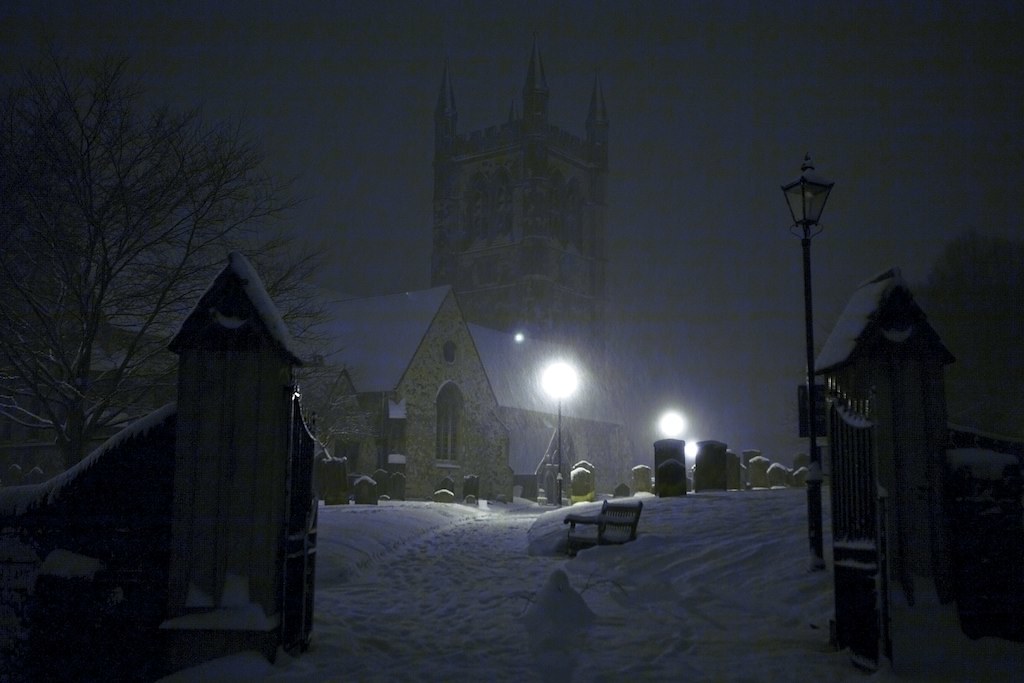 St Andrew's, Farnham in the early hours, snowing a blilzza… Esmond