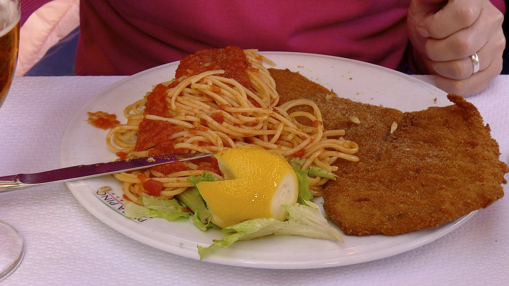 Bon Appétit Veau Milenese with spaghetti bolognese Graham Shaw Flickr