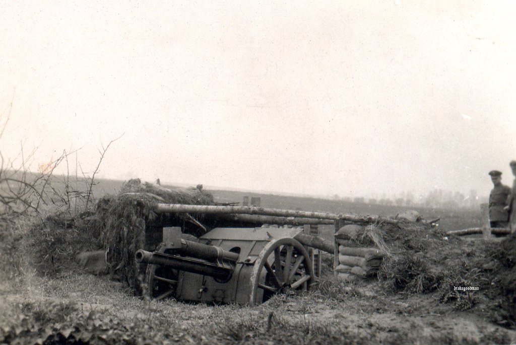 A captured British gun emplacement complete with its 18 pounder QF