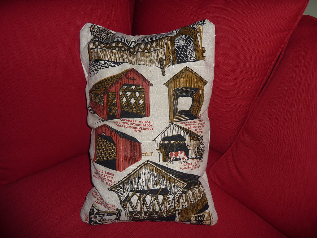 Vintage tea towel pillow depicting covered bridges. Flickr