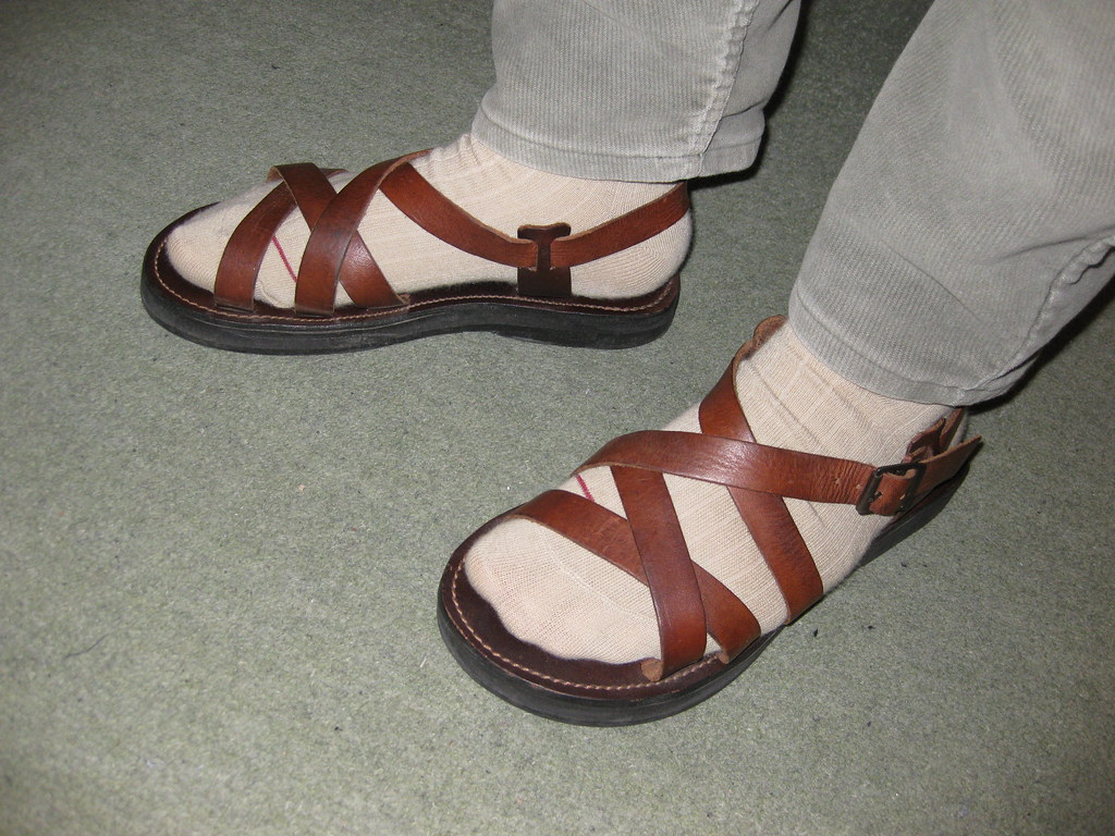 French artisanale sandals chestnut leather with beige sock