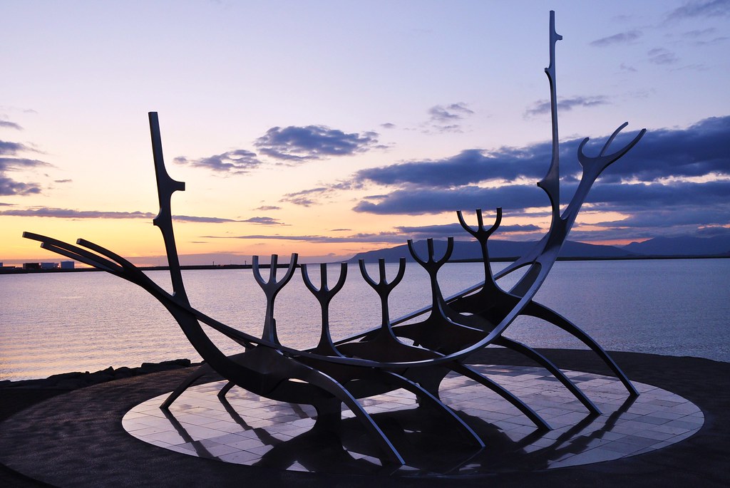 Sculpture of a Viking ship in Reykjavik at midnight Flickr
