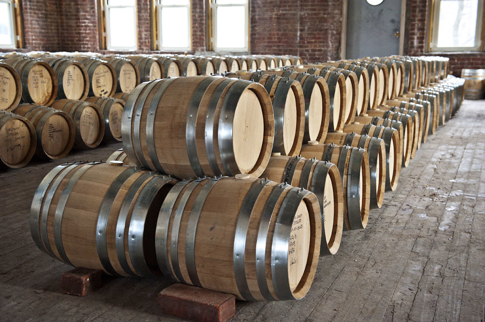 Rows of bourbon barrels at Kings County Distillery at Brooklyn Navy