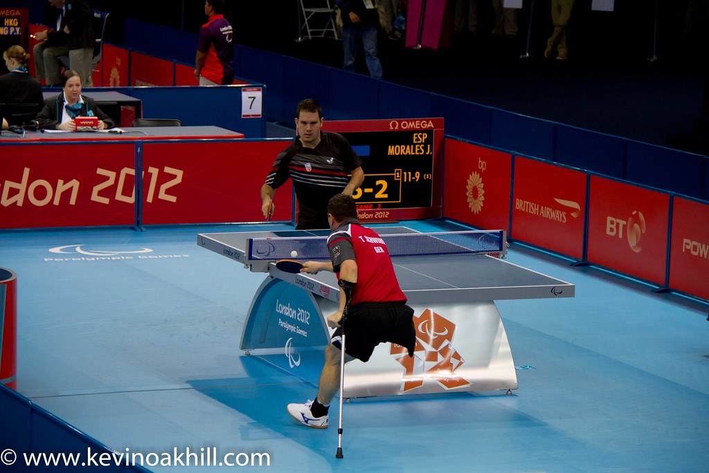 German Table Tennis player using a crutch, Excel, London 2012