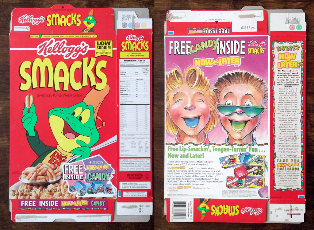 1995 Kellogg's Smacks Cereal Box Now And Later Candy a photo on