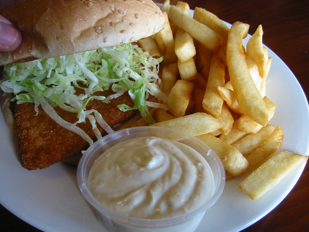 Chicken burger, chips and garlic mayo Click here to read b… Flickr