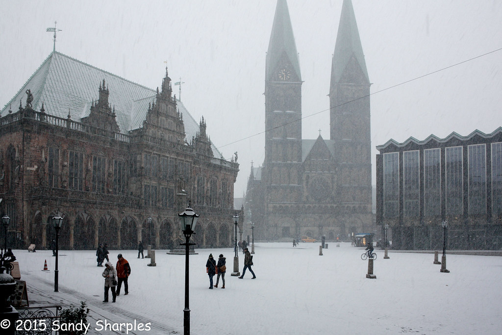 Bremen Marketplatz The snow comes down on Bremen Germany… Sandy