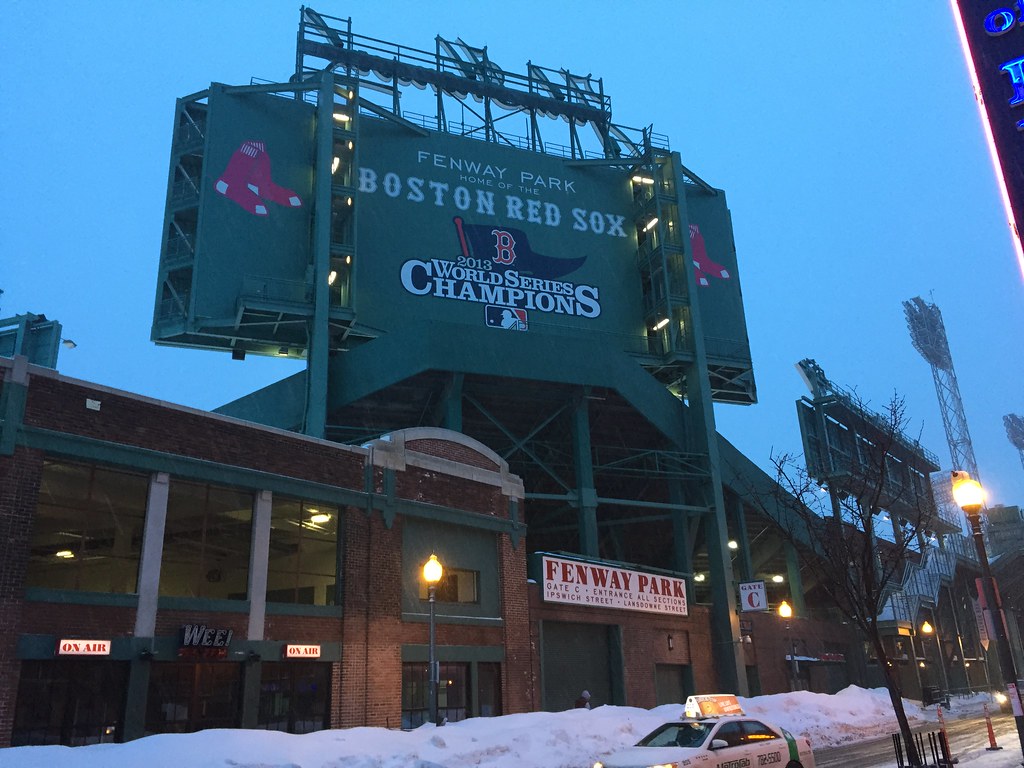Fenway Park Outside the ballpark on a snowy night. The West End