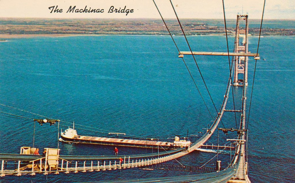 Mackinac Bridge under construction whit freighter Mackin… Flickr