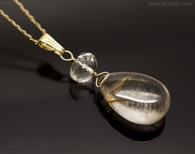 14K Solid gold jewelry Golden Rutilated Quartz necklace wire wrapped in