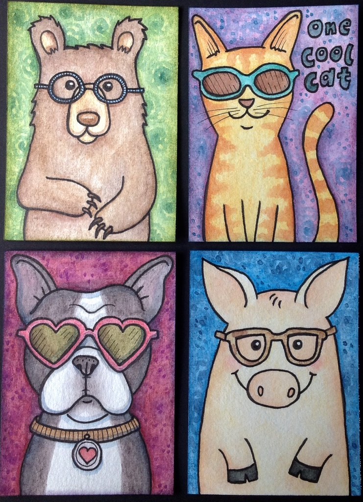 Animals in glasses ATCs Hand drawn, colored with watercolo… Flickr