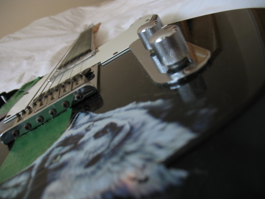 Guitar Complete with wolf sticker and gaffer tape Tim Cowlishaw