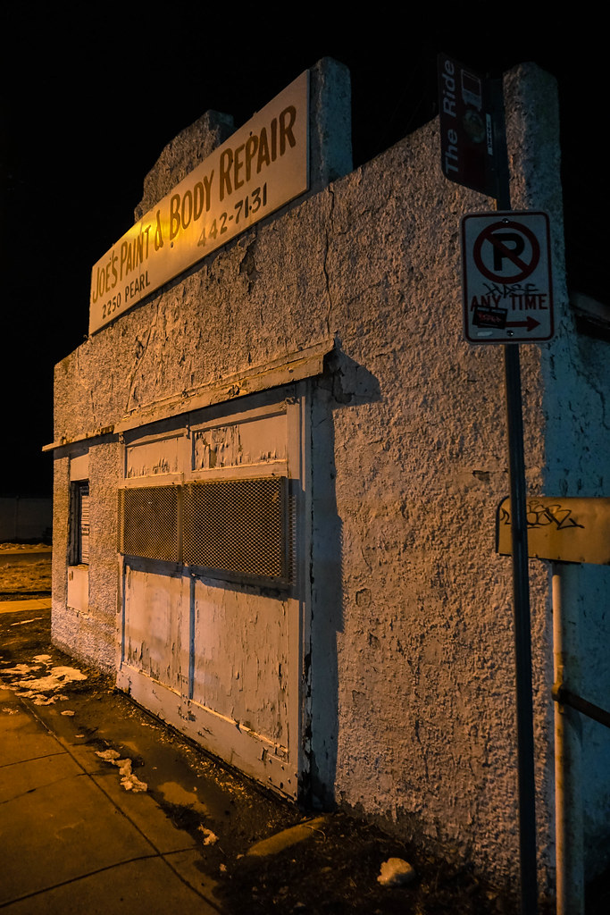 Joe's Paint & Body Repair A meek little building at night Flickr
