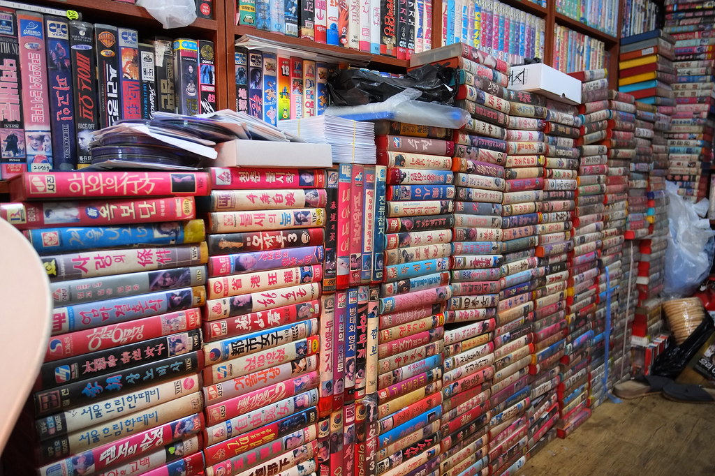 Seoul Korea vintage Korean VHS store in flea market with stacks of