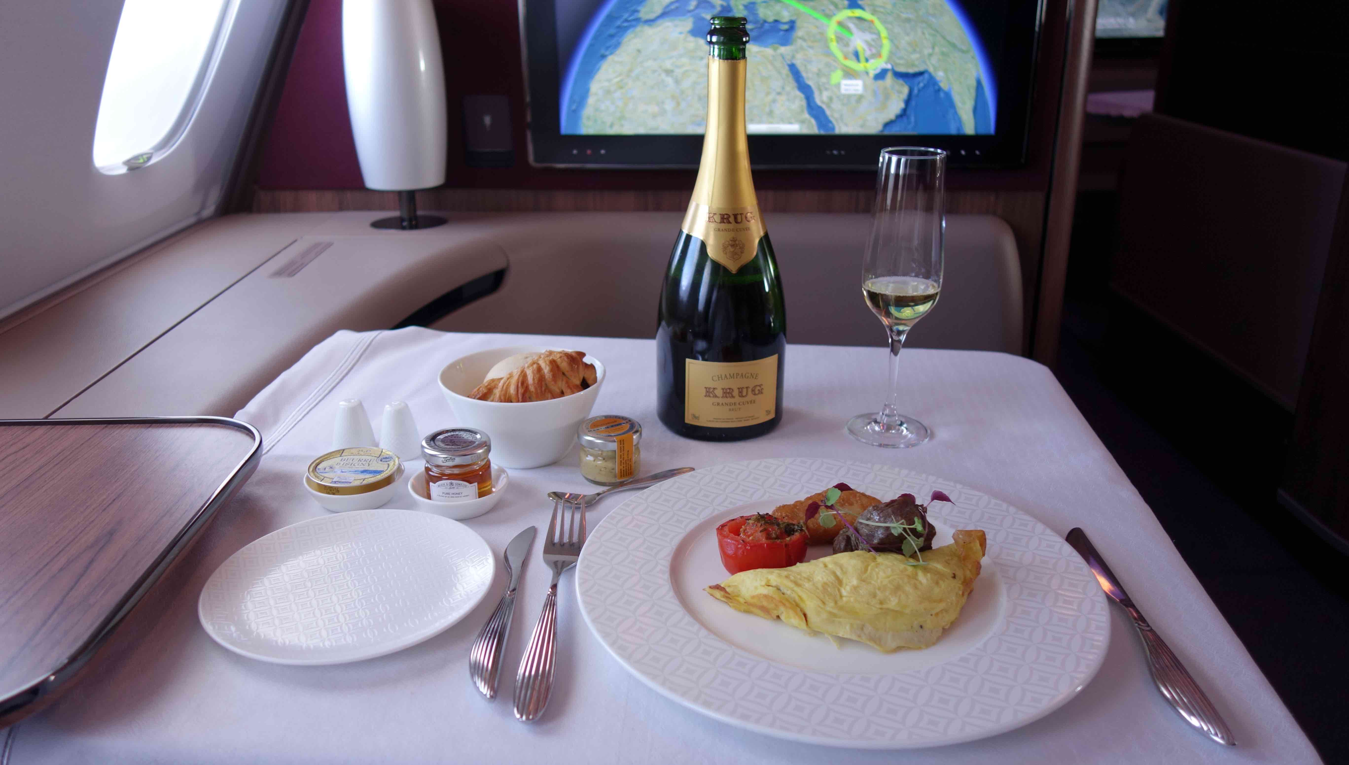 First Class Breakfast on Qatar Airways A380 Live and Let's Fly