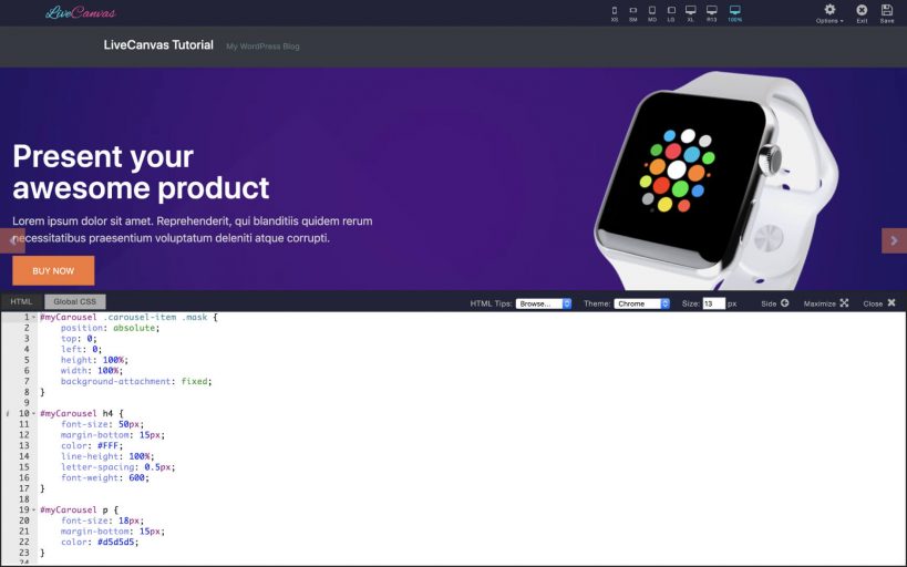 The CSS editor LiveCanvas