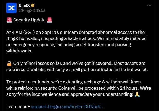BingX reconnaît le piratage et affirme avoir suspendu les dépôts et les retraits.