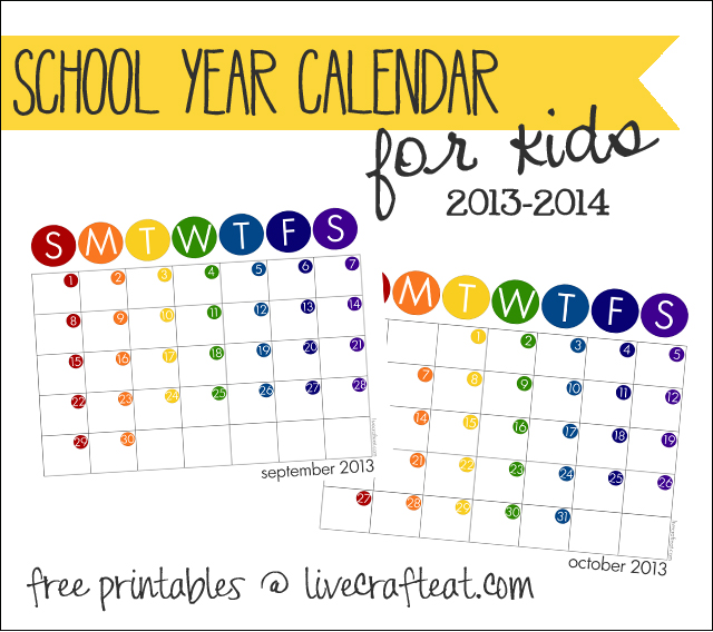 Kids School Year Calendar Free 2013 '14 Printable
