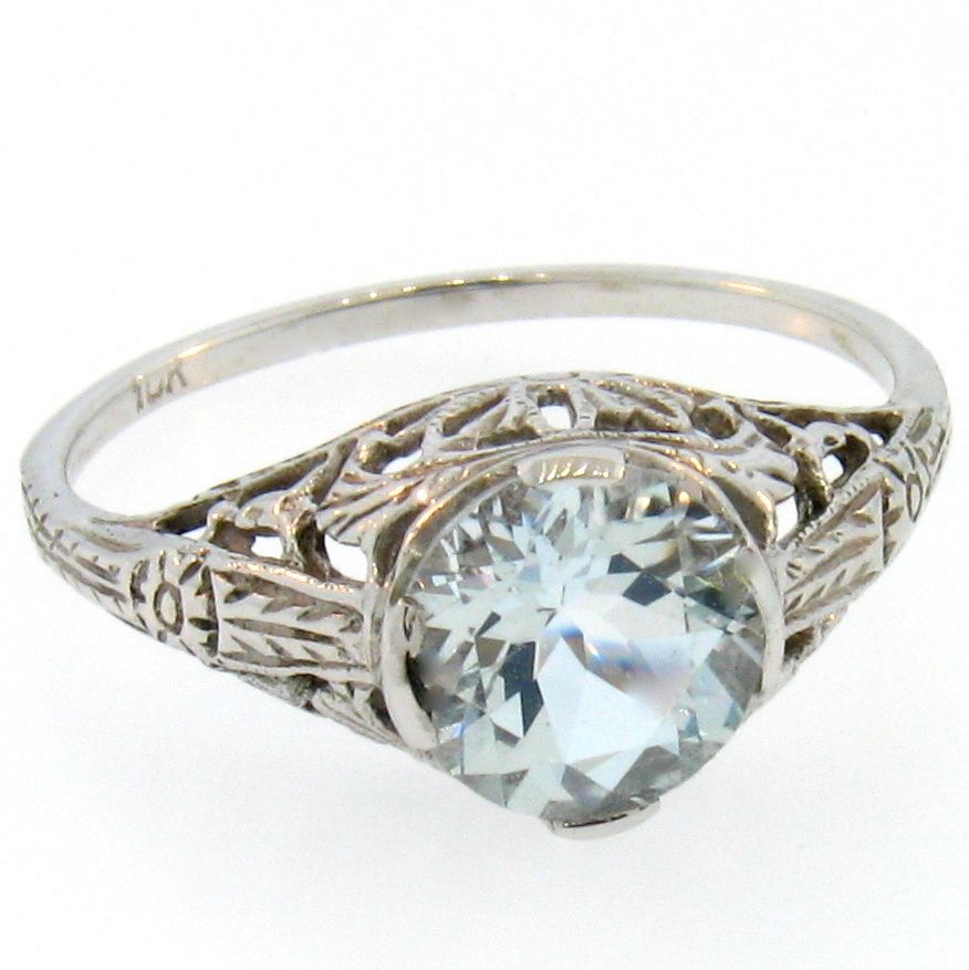 10K WHITE GOLD GENUINE AQUAMARINE ANTIQUE VINTAGE DESIGN RING SIZE 8, 