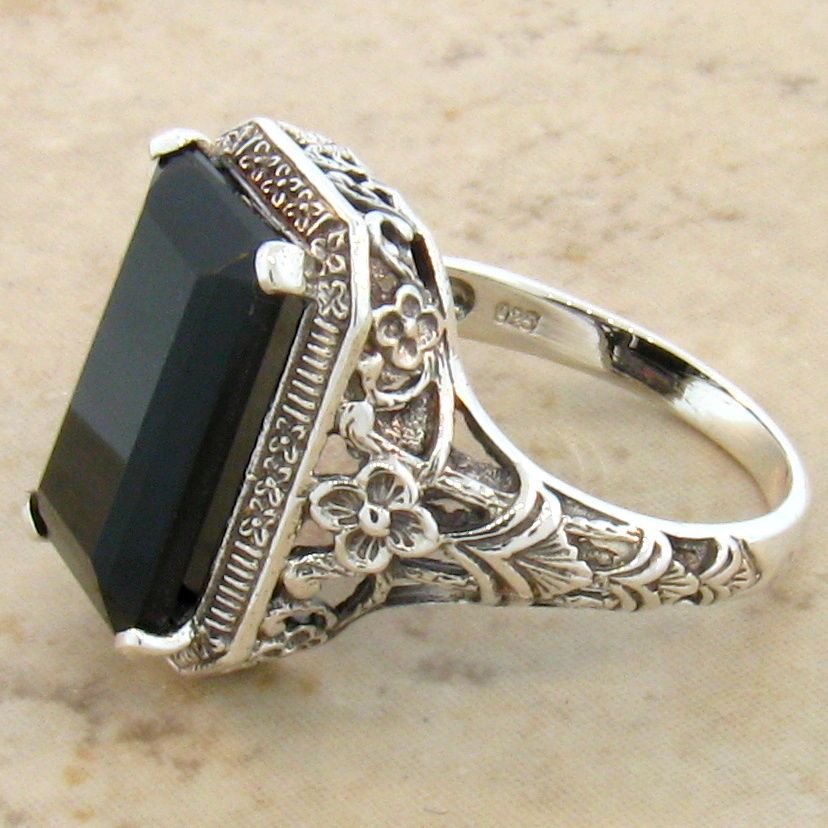 GENUINE BLACK AGATE .925 STERLING VINTAGE ANTIQUE DESIGN SILVER RING
