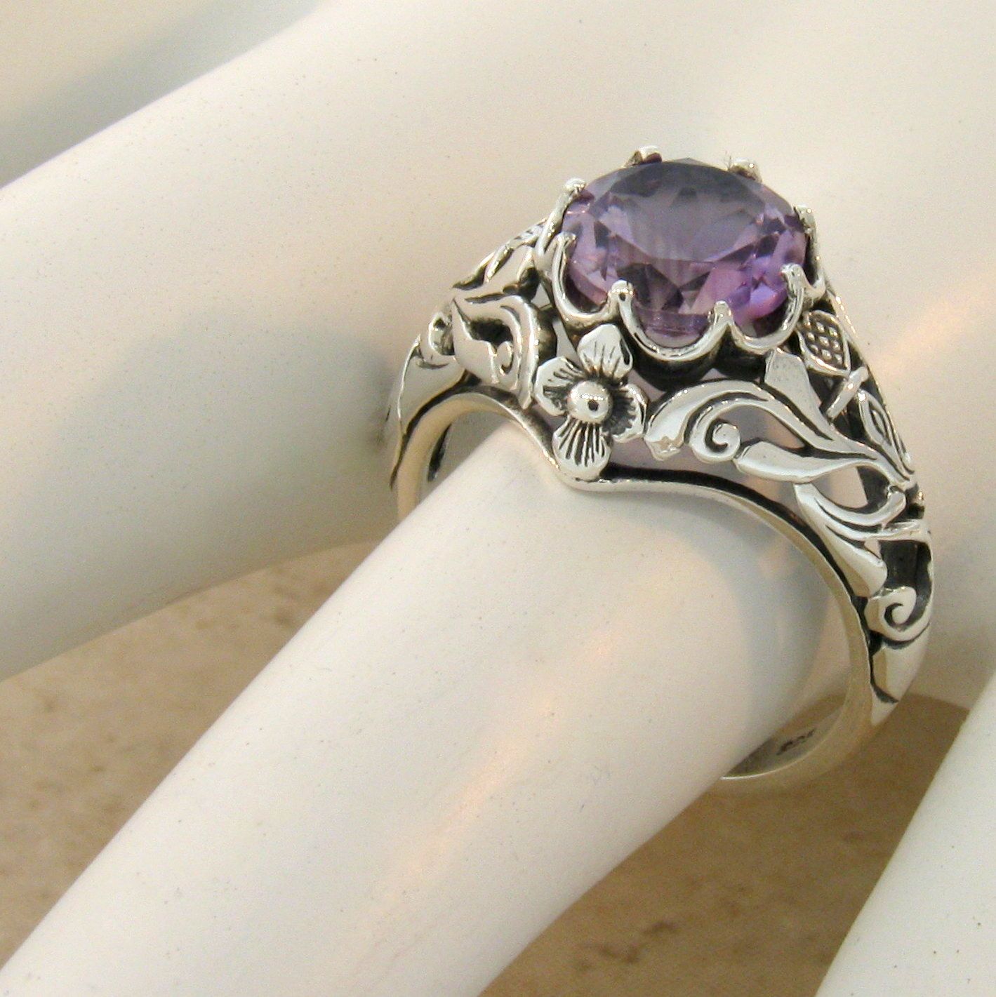 GENUINE BRAZILIAN AMETHYST Scottish Thistle .925 STERLING SILVER RING