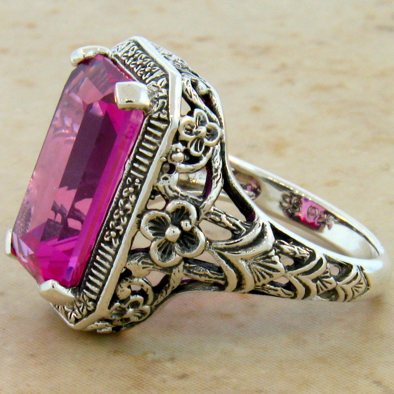 8 CARAT PINK SAPPHIRE ANTIQUE ART DECO STYLE .925 STERLING SILVER RING