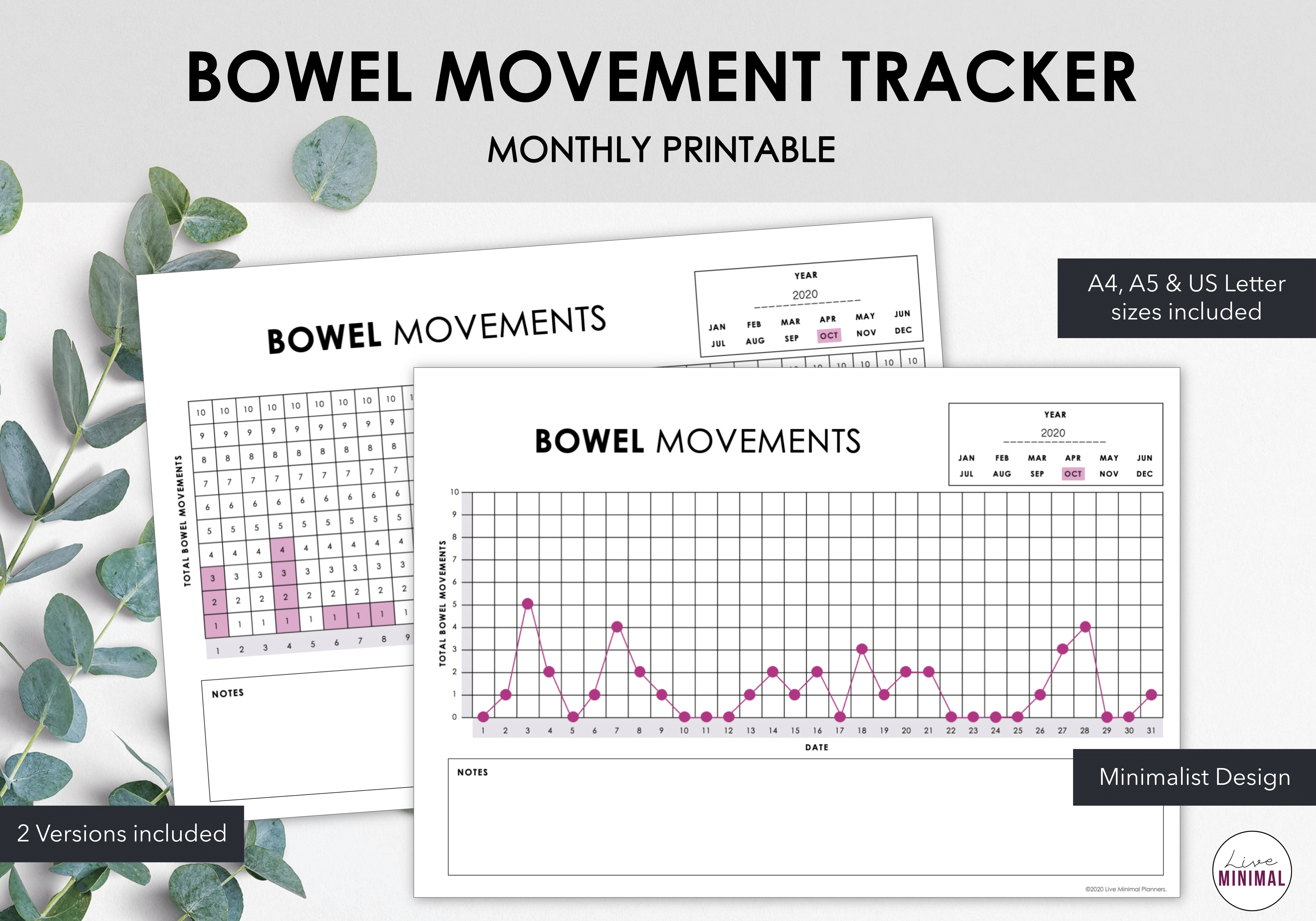 Minimalist Bowel Movement Tracker Constipation or IBS Tracker Instant Download Live Minimal