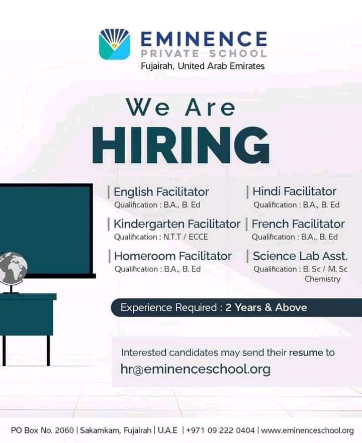 Eminence School Fujairah Jobs Vacancies ( 6 Nos) LiveuaeJobs