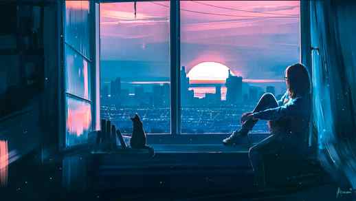Cat Girl Sunset and Rain / Aenami ArtStation Live Desktop Wallpapers