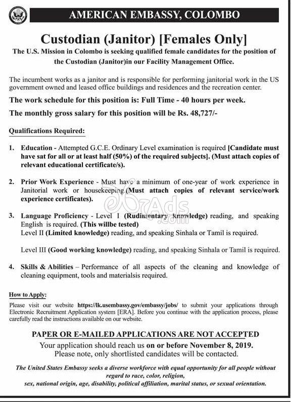 Custodian (Janitor) Government Job Vacancies at American Embassy (US