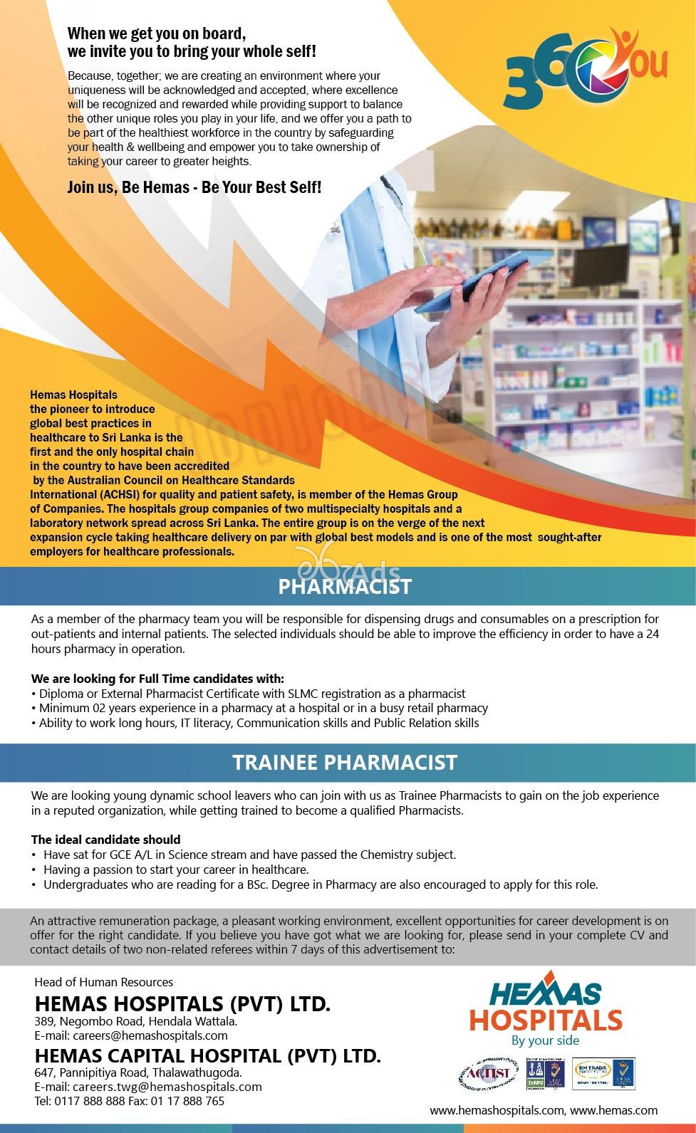 Pharmacist , Trainee Pharmacist Hemas Hospitals Pvt Ltd Wattala