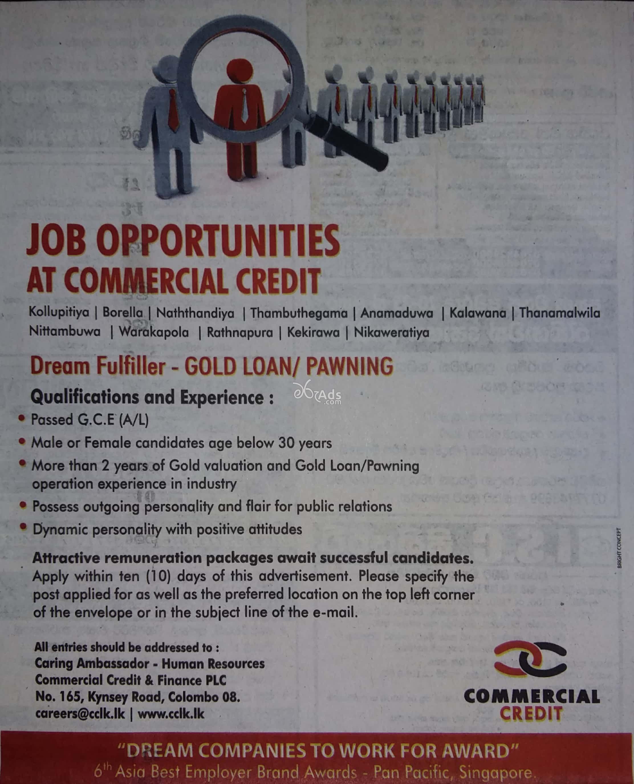 Job Vacancies at Commercial Credit Colombo 03