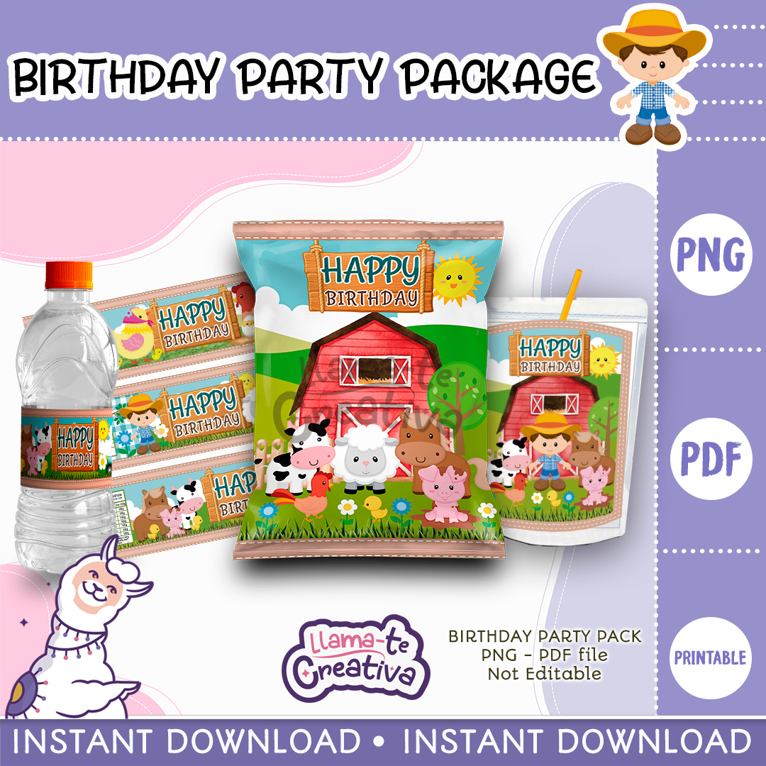 Farm Boy Party Pack, Farm Boy Chip Bag, Bottle label and juice pouch