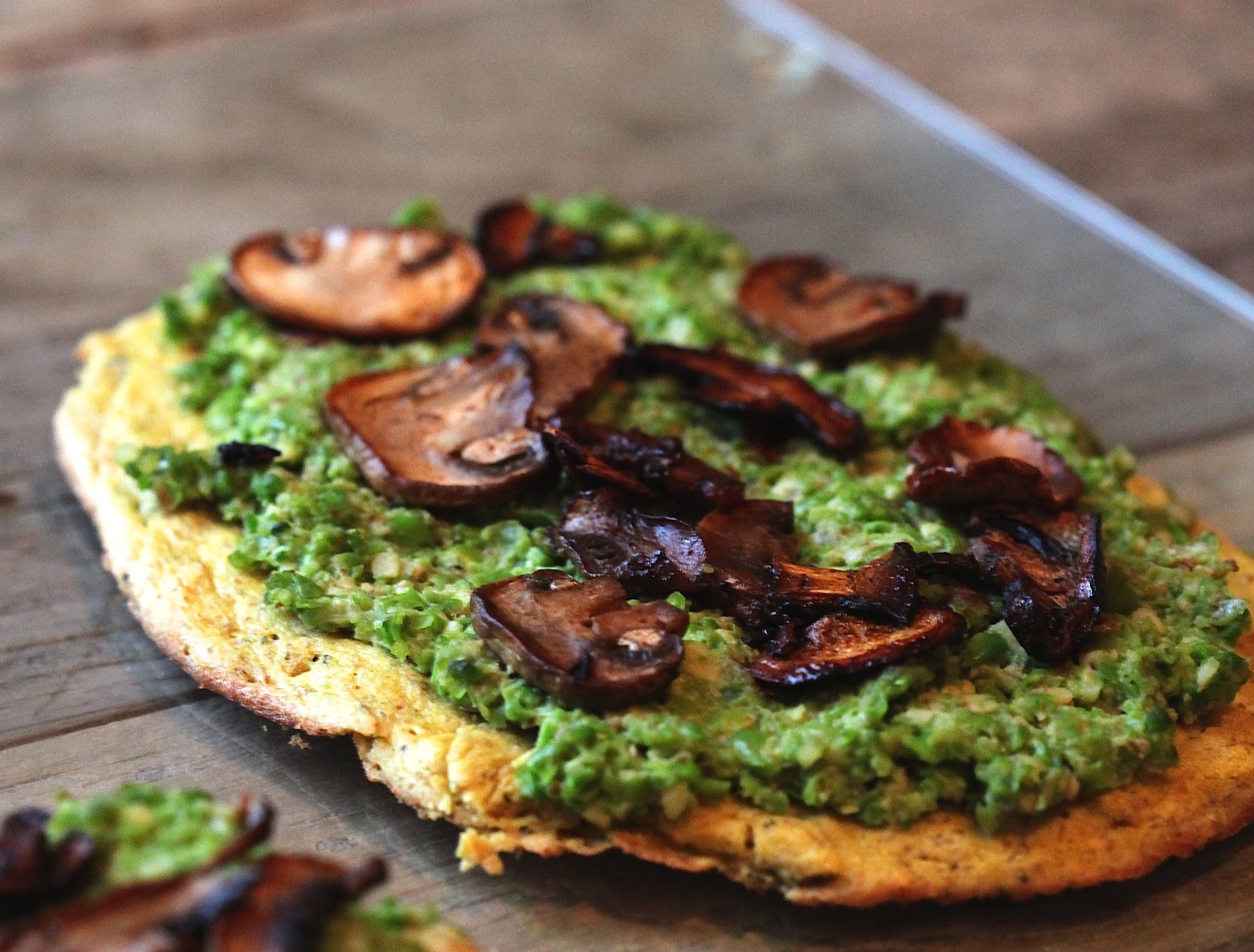 Mushroom Bacon and Pea Pesto Flatbread
