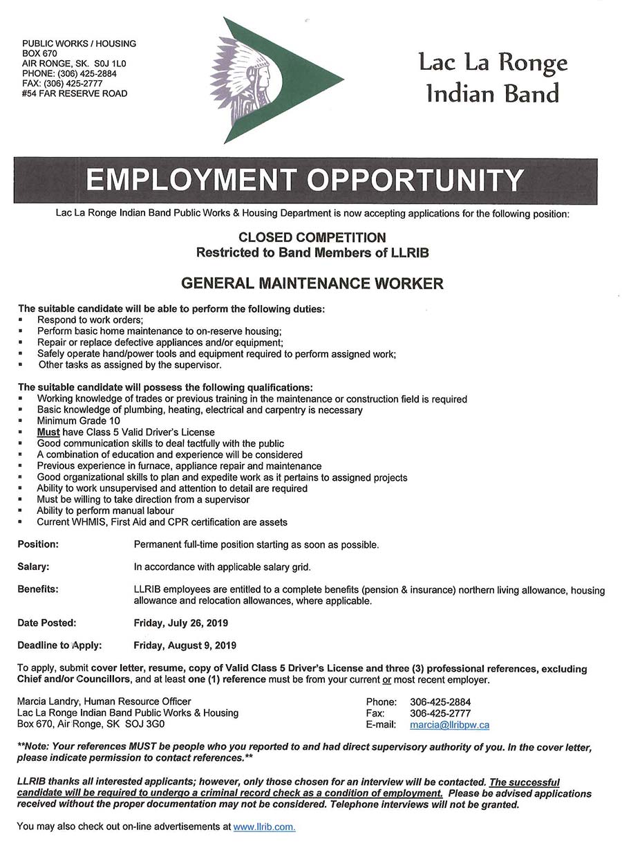LLRIB JOBS The Lac La Ronge Indian Band