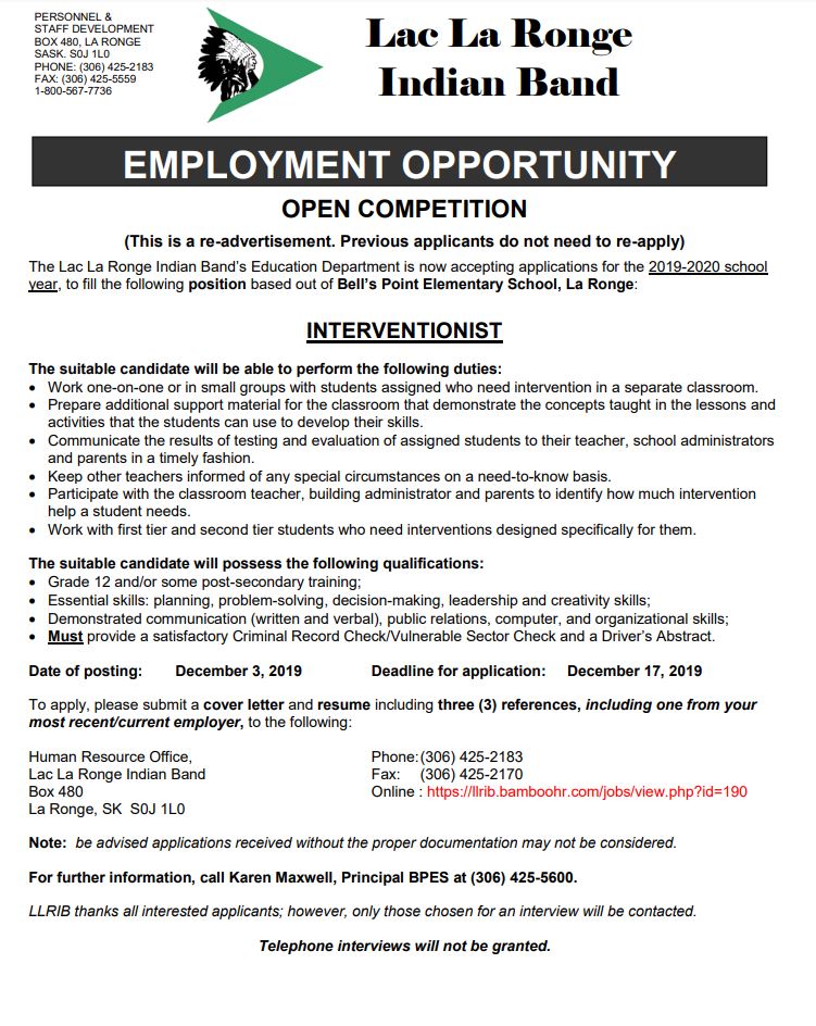 LLRIB JOBS The Lac La Ronge Indian Band