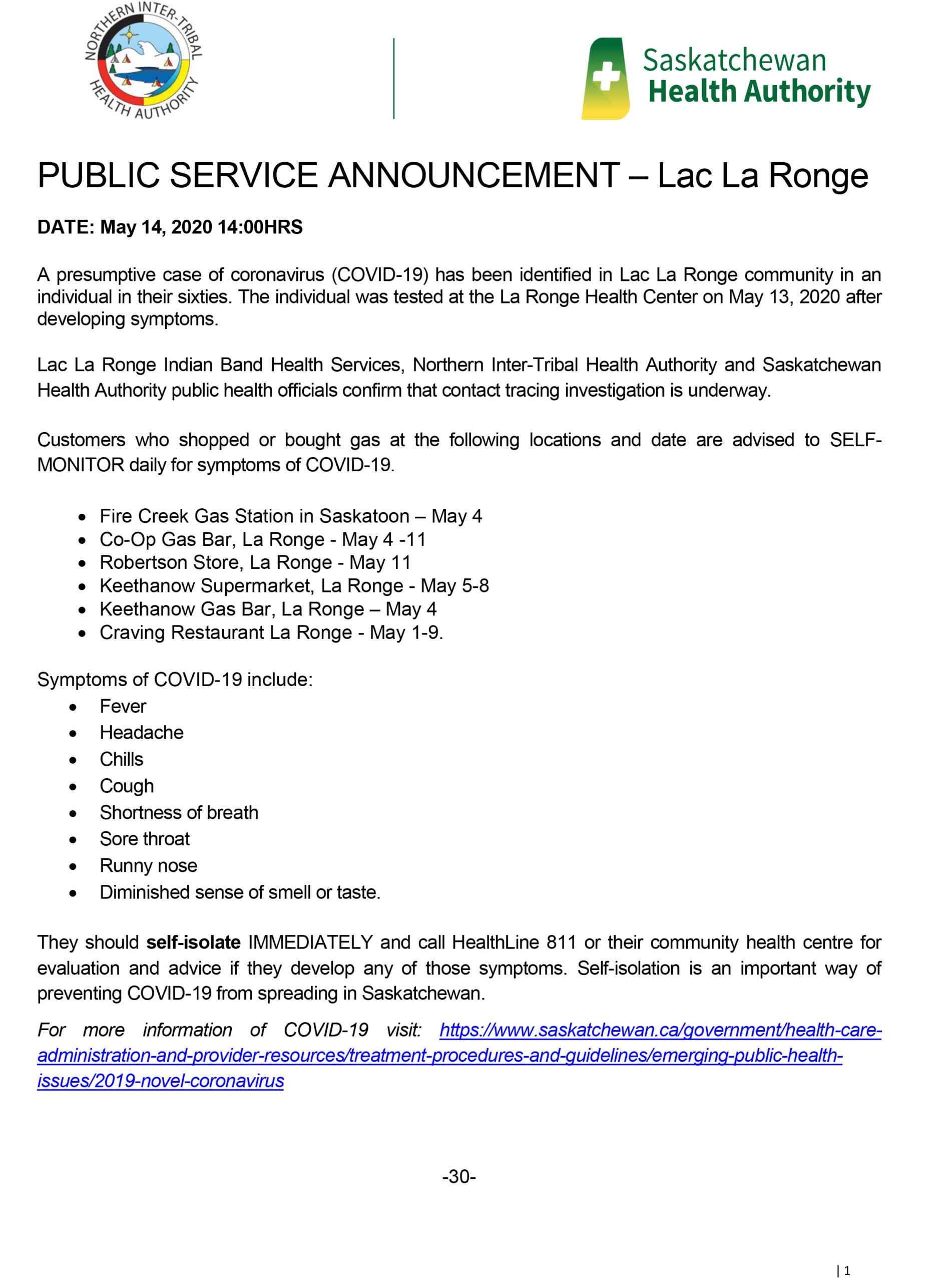 PUBLIC SERVICE ANNOUNCEMENT Lac La Ronge DATE May 14, 2020 1400HRS