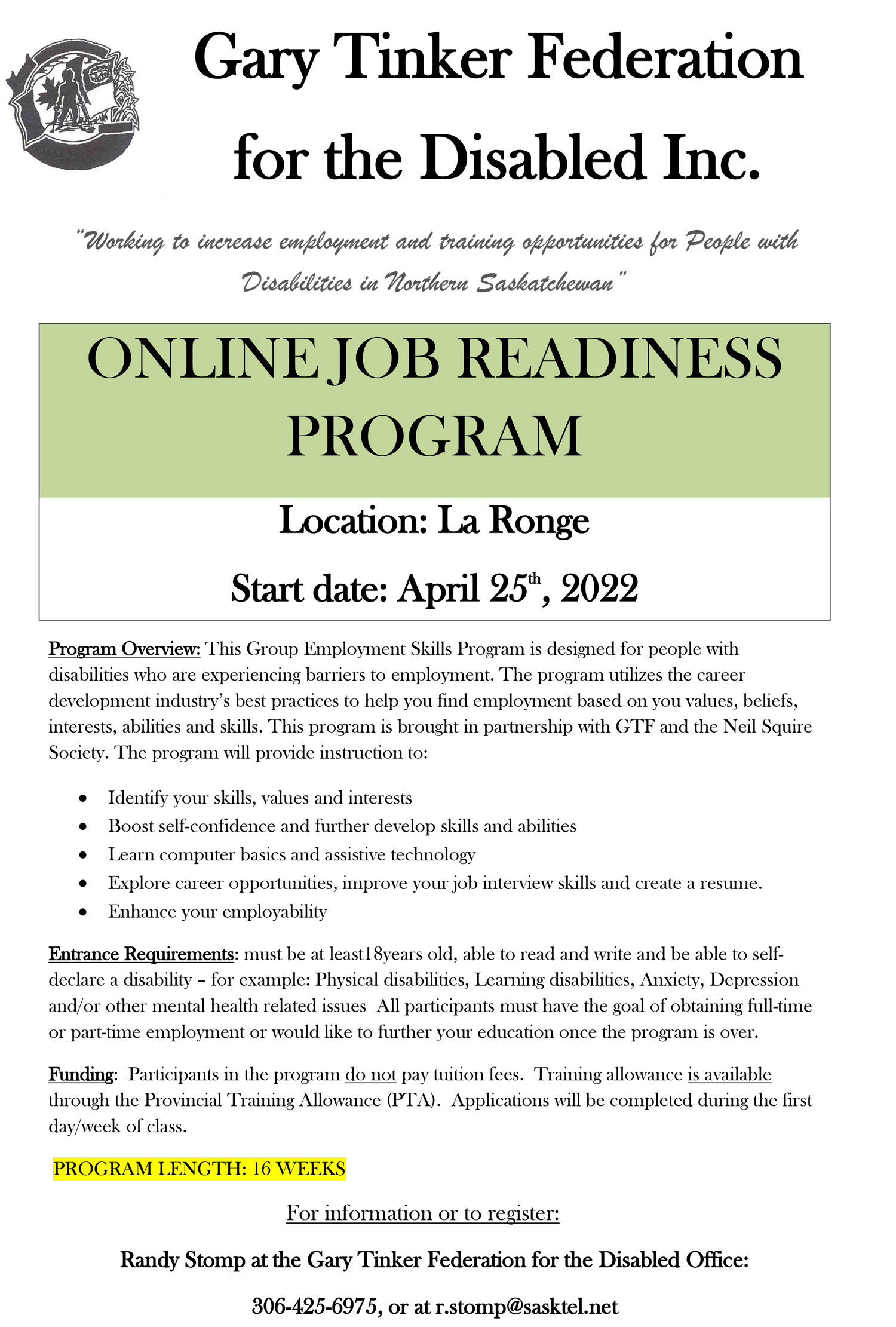 ONLINE JOB READINESS PROGRAM Gary Tinker Federation