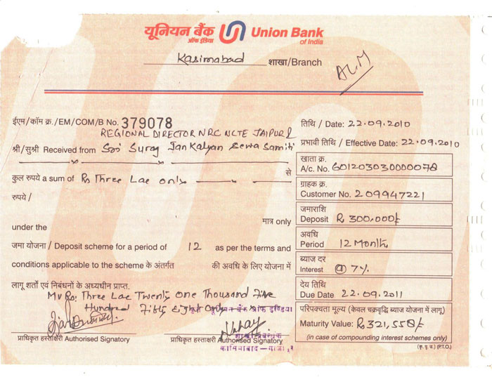 Fixed Deposit Receipts Laxmi Memorial Institute Of Eduaction, Uchauri