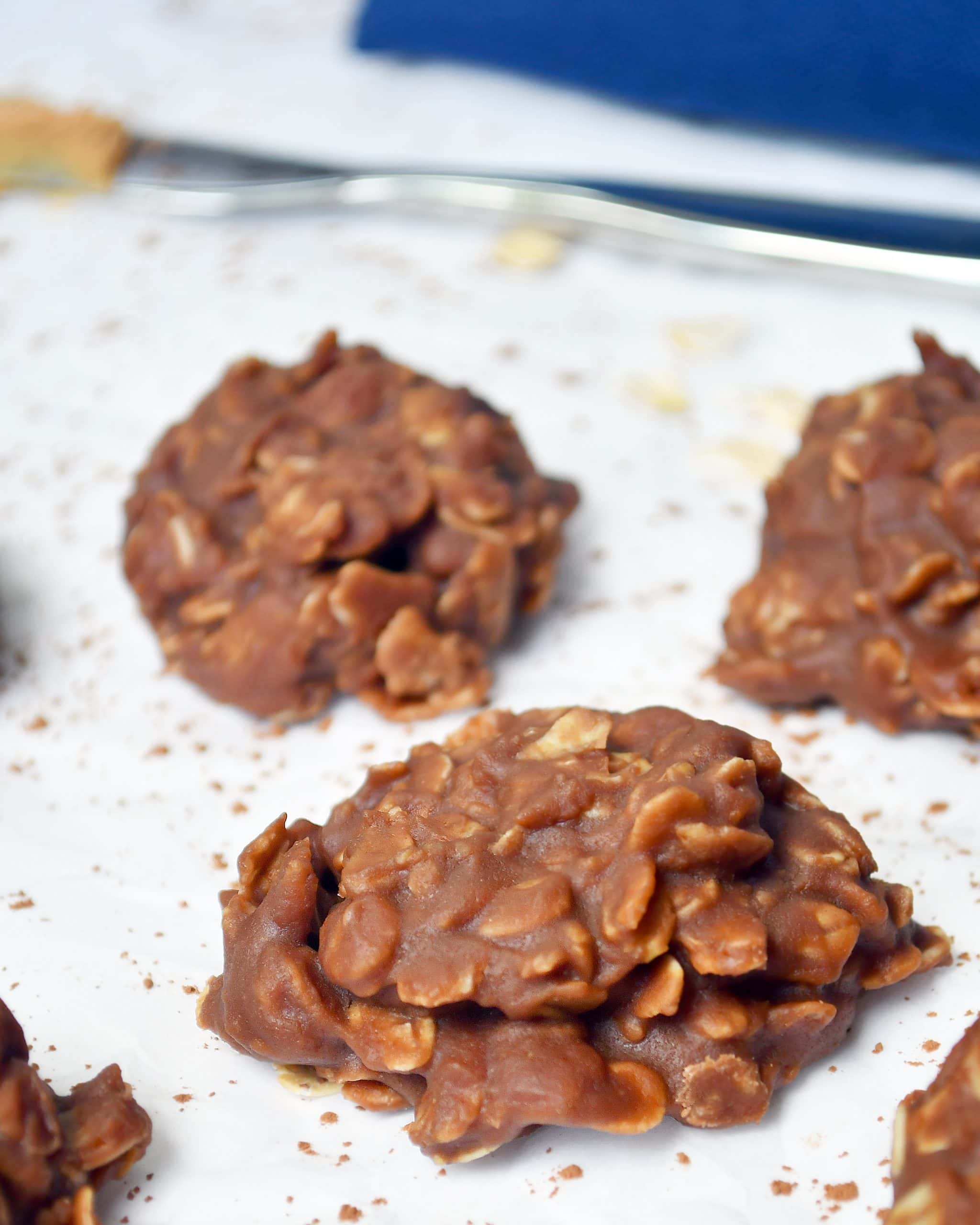 a picture of 3 no bake cookies on parchment paper with cocoa powder sprinkled around