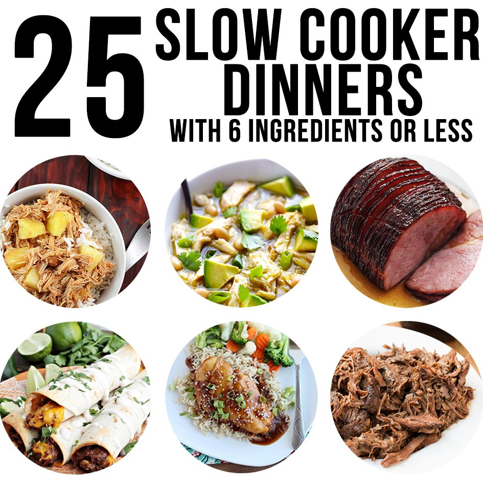 Title card for collage for 25 slow cooker dinners with images.