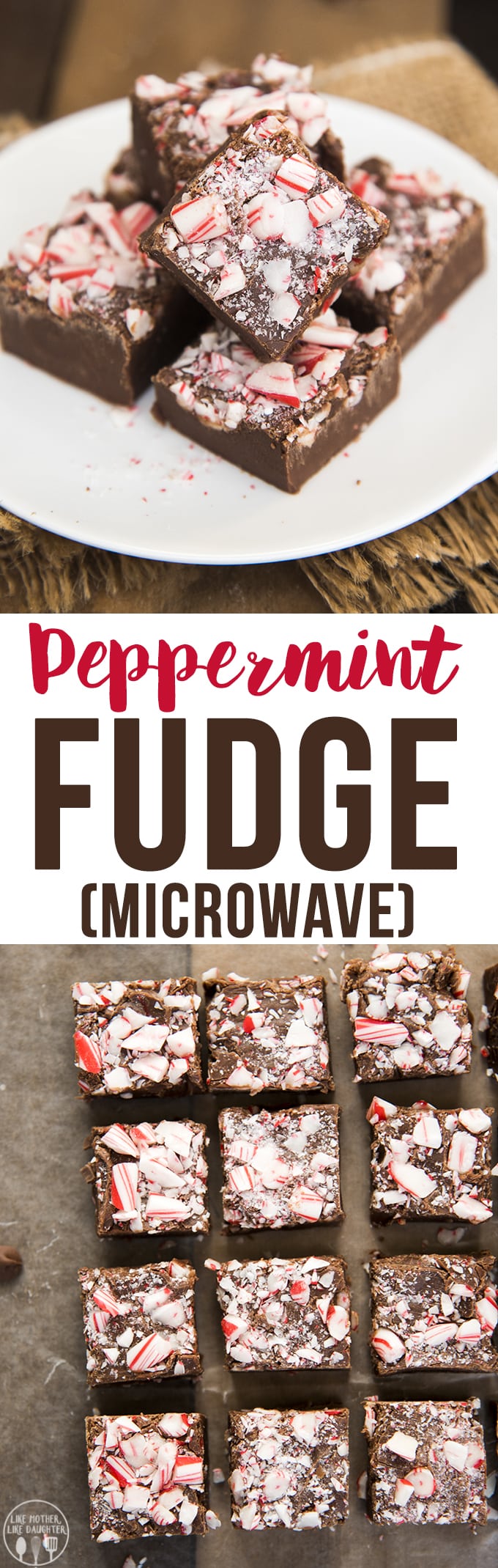 Two photos of microwave peppermint fudge with a text block between them. 