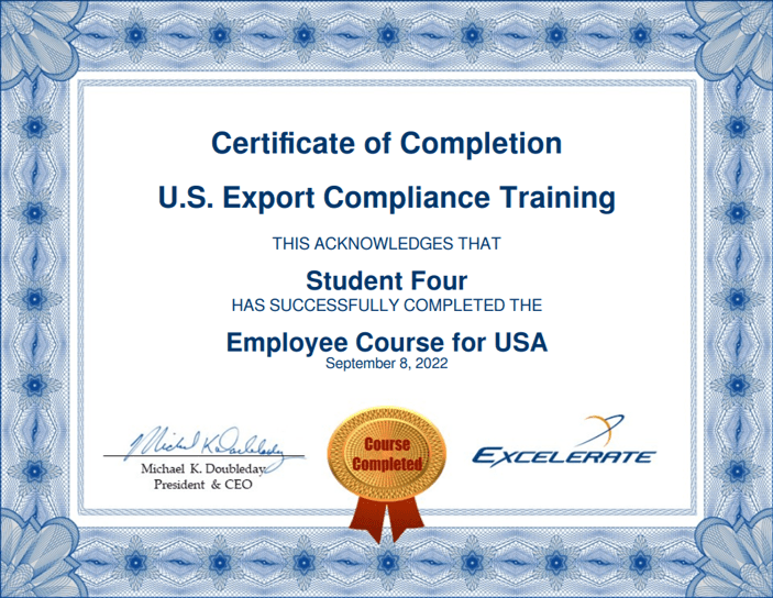 Certificate of Completion Excelerate Export Compliance Training